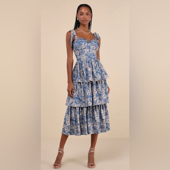 Lulus Lovely Bliss Blue Floral Jacquard Strapless Bustier Midi Dress - Size S - Picture 1 of 9